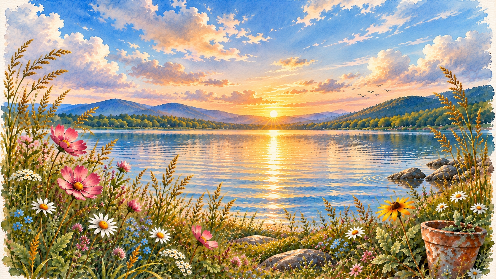 Watercolor lake at sunset with wildflowers
