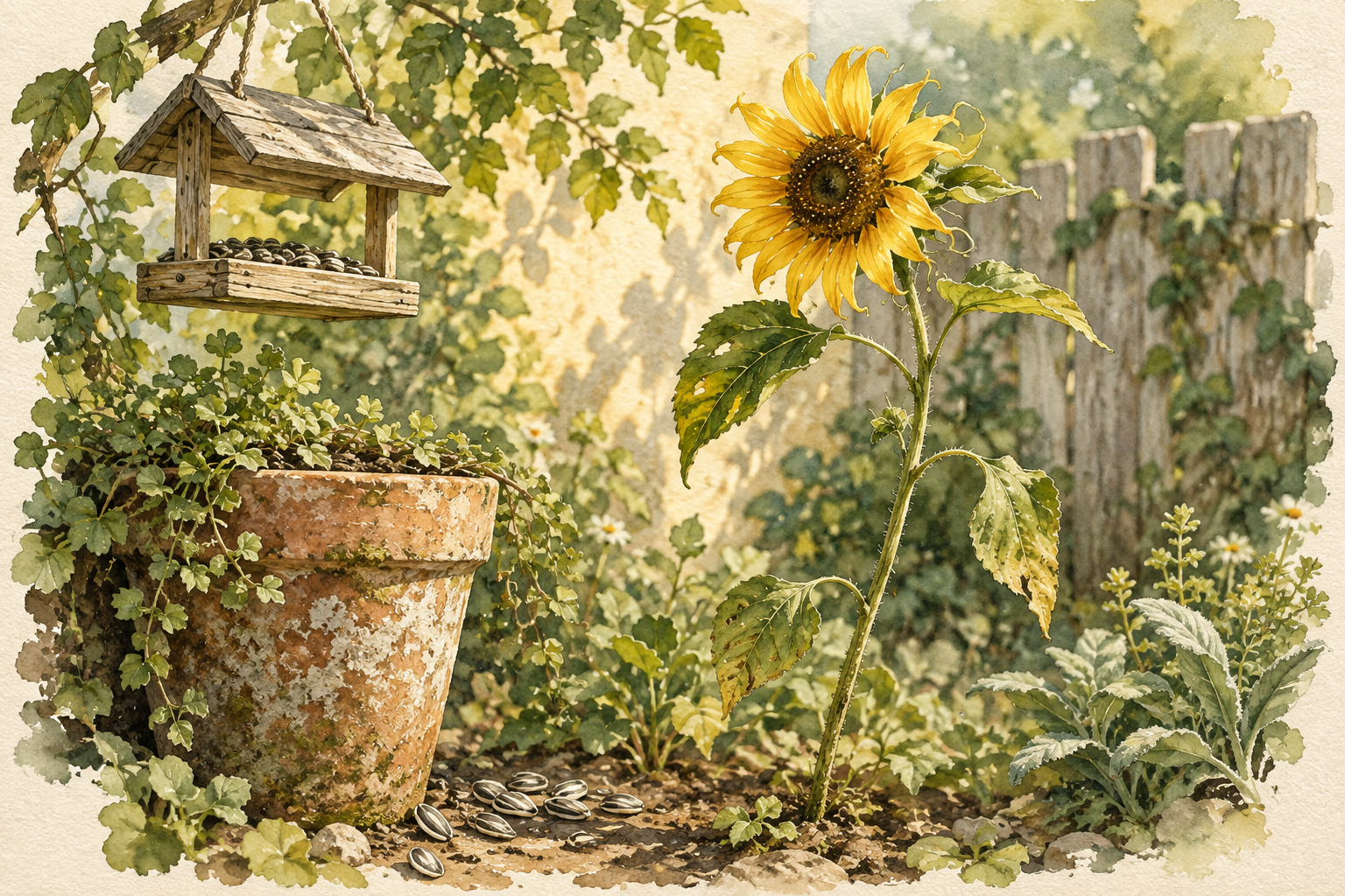 Watercolor illustration of an unexpected sunflower by a bird feeder